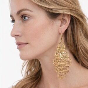 Gold Tone Filigree Chandelier Earrings –‎ Layered Teardrop Statement Dangle